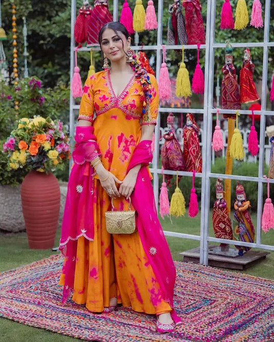 French Crepe Fabric Digital Print Work Flair Top 3Pc Kurti Pant Dupatta Set (Ready to Wear)