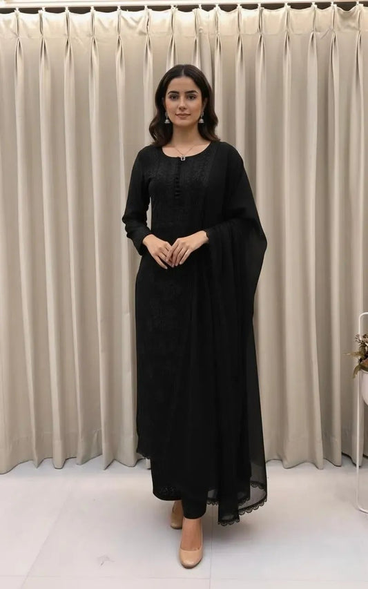 Georgette Chikankari Kurti Palazzo Dupatta Set
